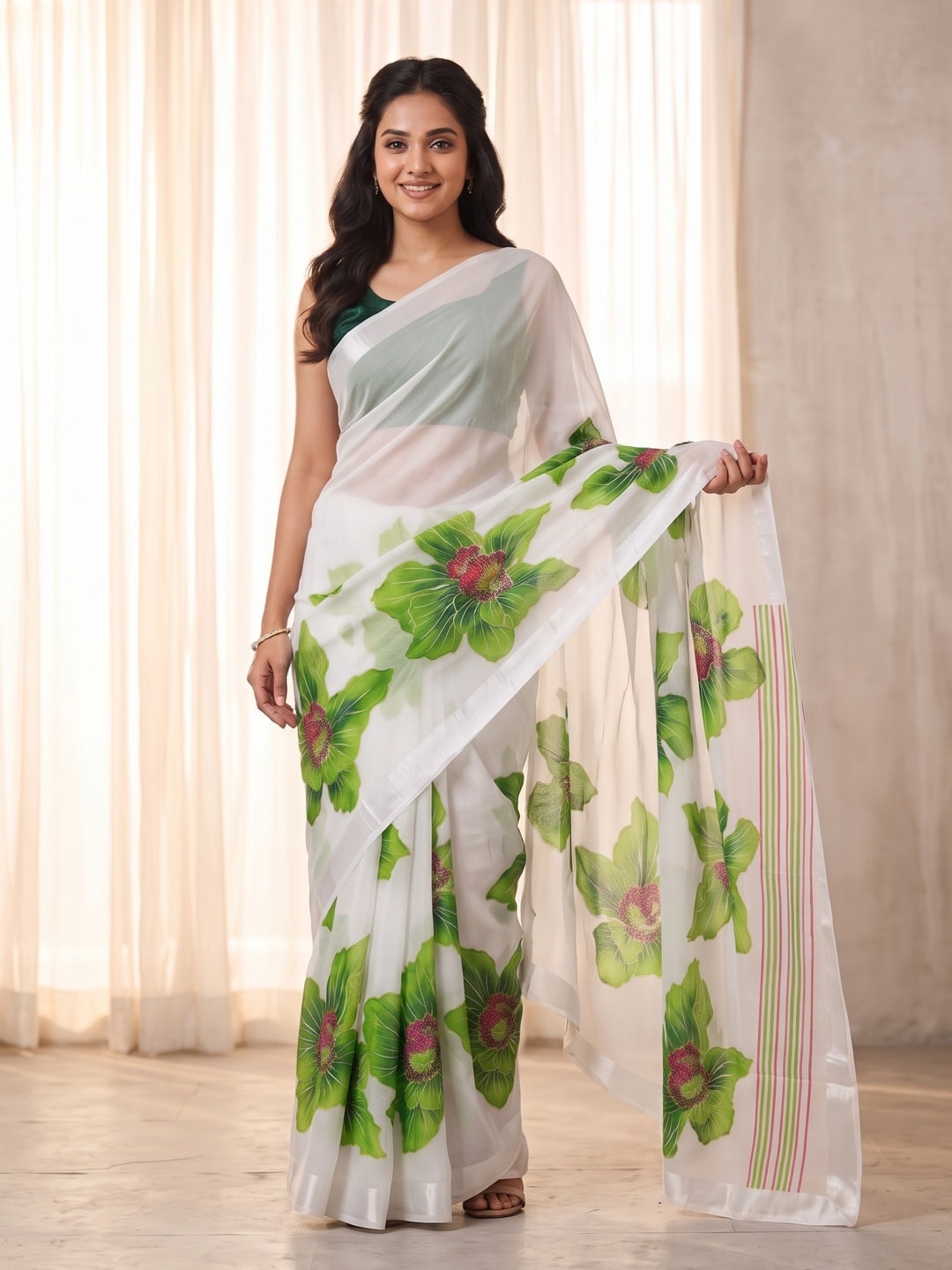 Peachmode White & Green Fine Viscose Georgette Saree With Fancy Floral Foil Print And Pure Silk Handwork Blouse - Image 1