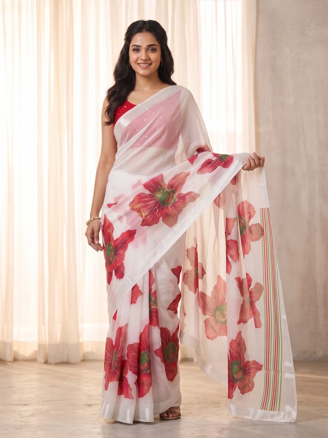 Peachmode White & Red Fine Viscose Georgette Saree With Fancy Floral Foil Print And Pure Silk Handwork Blouse - Image 1