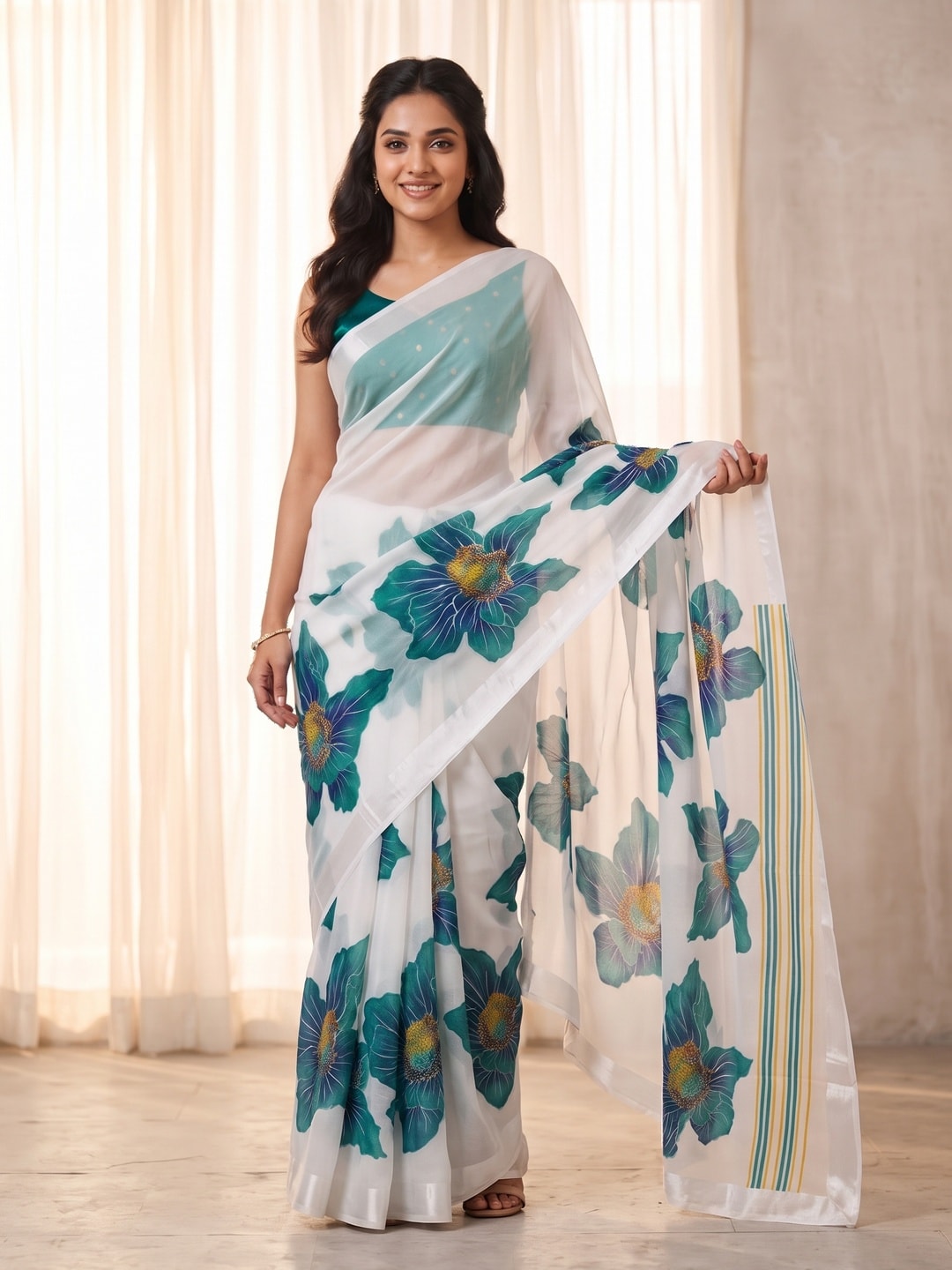 Peachmode White & Teal Fine Viscose Georgette Saree With Fancy Floral Foil Print And Pure Silk Handwork Blouse - Image 1