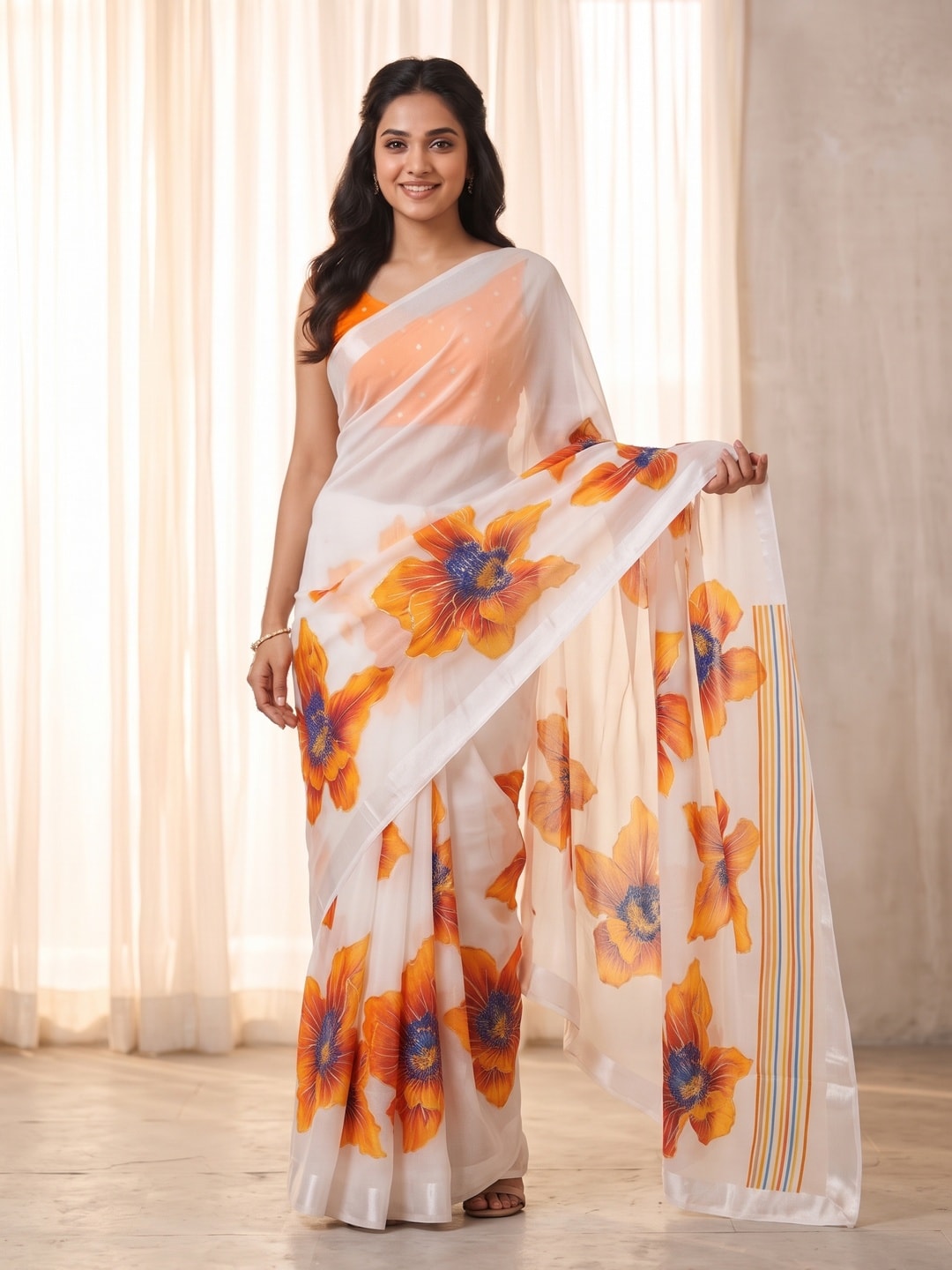 Peachmode White & Orange Fine Viscose Georgette Saree With Fancy Floral Foil Print And Pure Silk Handwork Blouse - Image 1