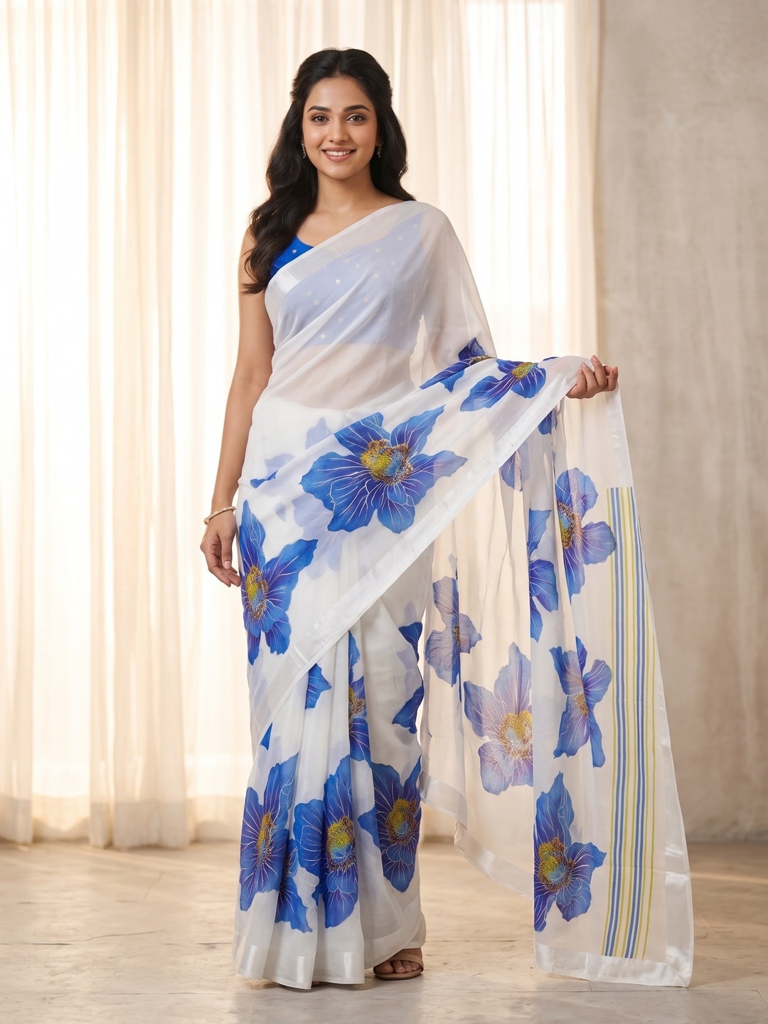Peachmode White & Royal Blue Fine Viscose Georgette Saree With Fancy Floral Foil Print And Pure Silk Handwork Blouse - Image 1