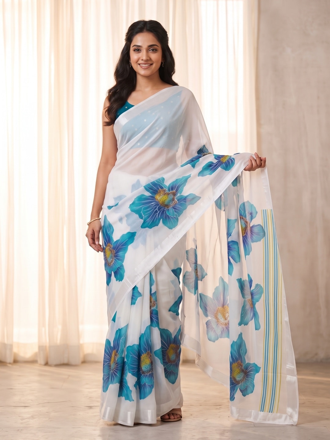 Peachmode White & Turquoise Fine Viscose Georgette Saree With Fancy Floral Foil Print And Pure Silk Handwork Blouse - Image 1