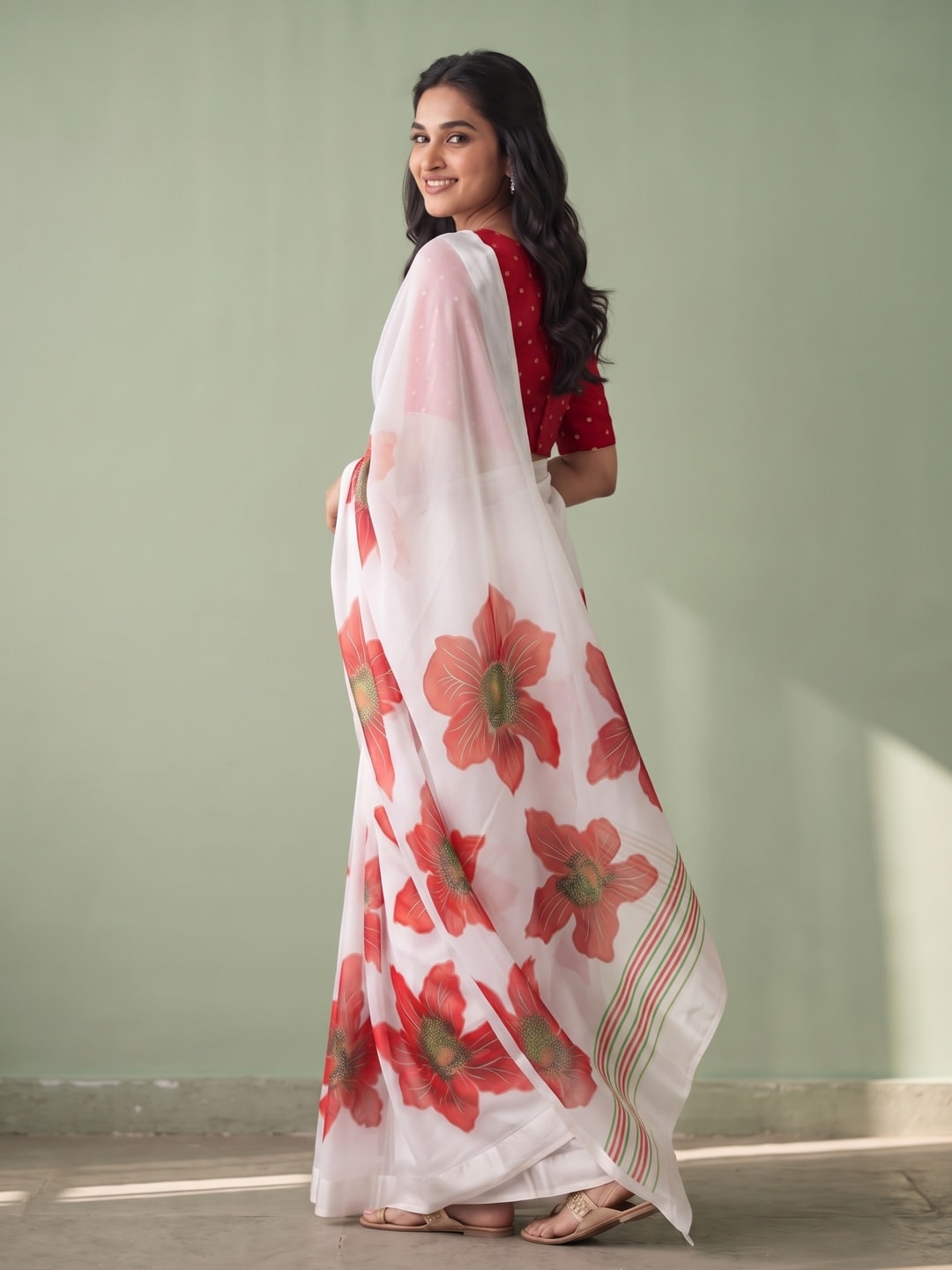 Peachmode White & Red Fine Viscose Georgette Saree With Fancy Floral Foil Print And Pure Silk Handwork Blouse - Image 2