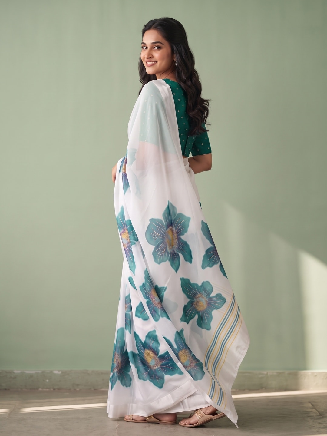 Peachmode White & Teal Fine Viscose Georgette Saree With Fancy Floral Foil Print And Pure Silk Handwork Blouse - Image 2