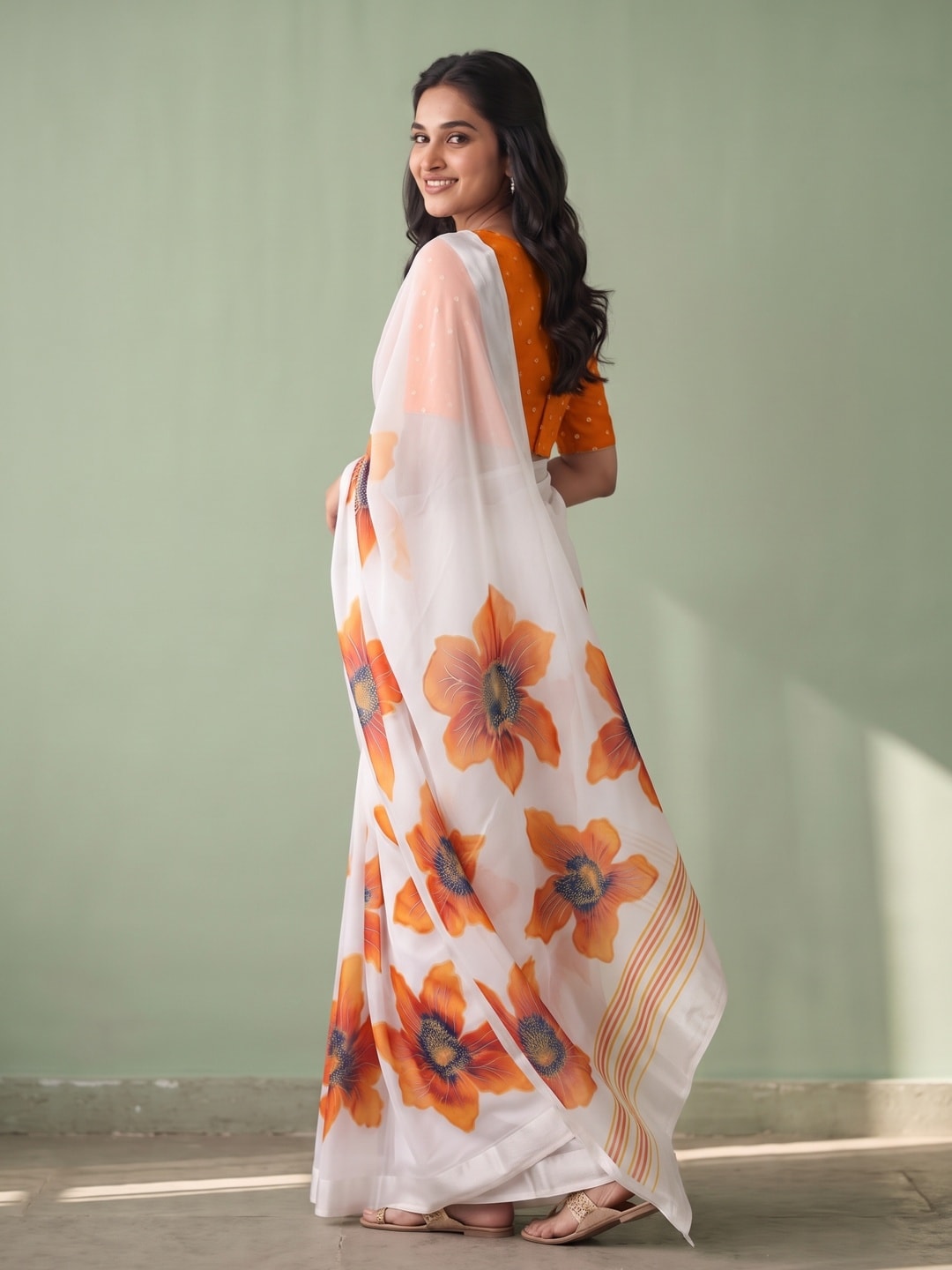 Peachmode White & Orange Fine Viscose Georgette Saree With Fancy Floral Foil Print And Pure Silk Handwork Blouse - Image 2