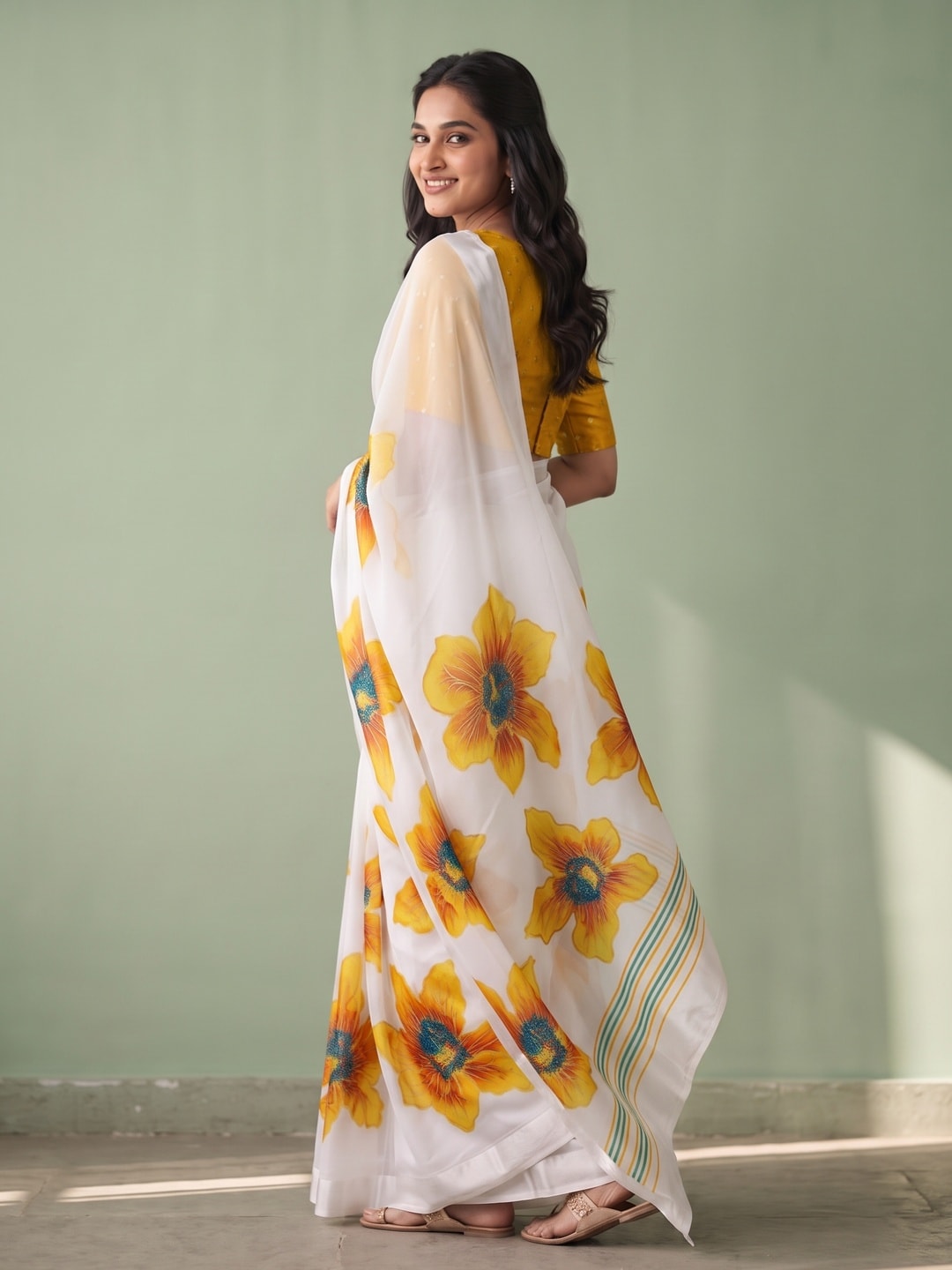 Peachmode White & Mustard Fine Viscose Georgette Saree With Fancy Floral Foil Print And Pure Silk Handwork Blouse - Image 2