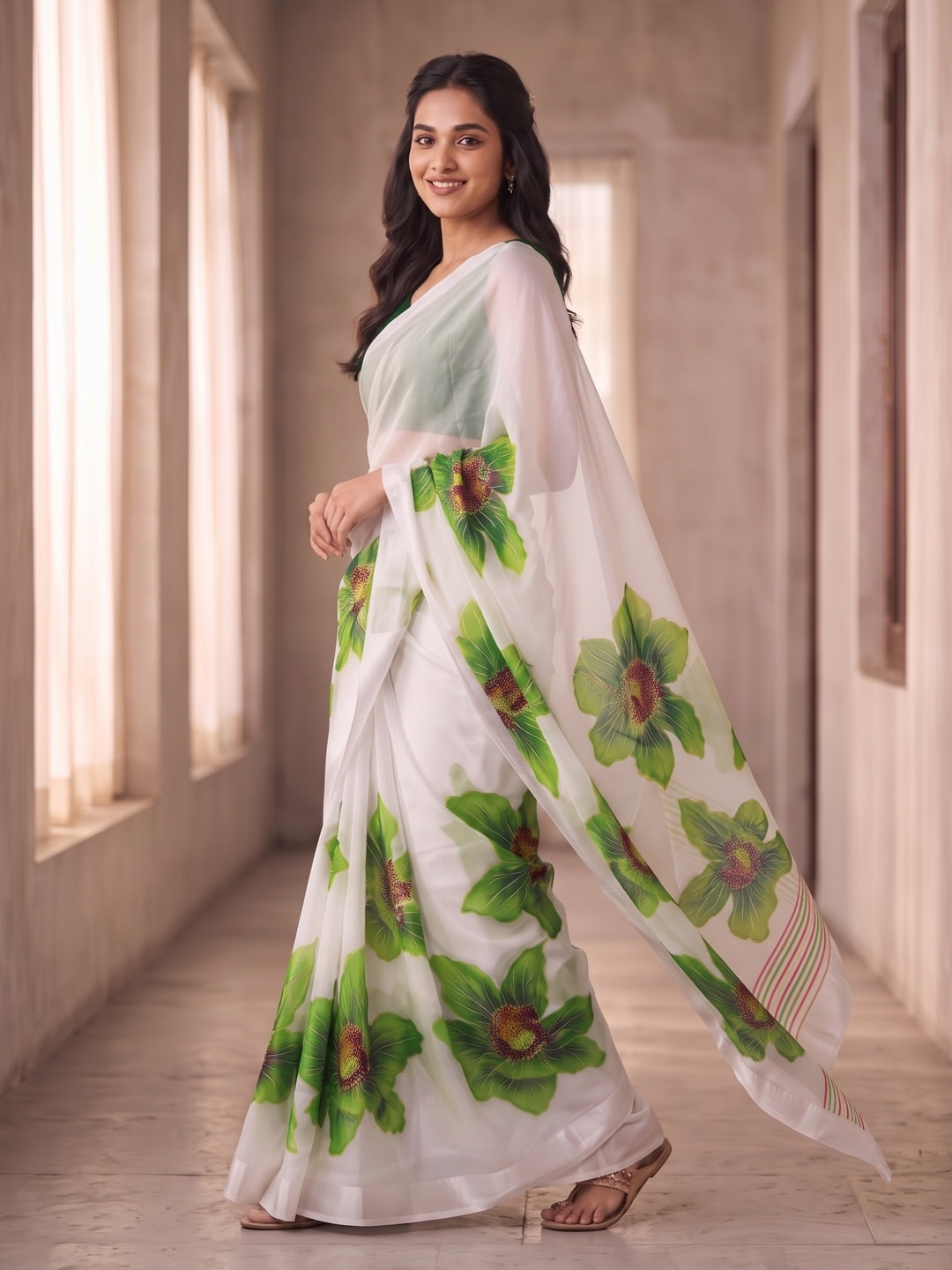 Peachmode White & Green Fine Viscose Georgette Saree With Fancy Floral Foil Print And Pure Silk Handwork Blouse - Image 3