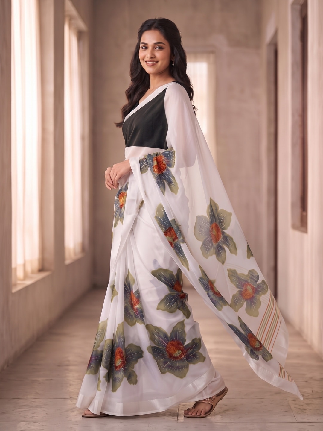 Peachmode White & Olive Green Fine Viscose Georgette Saree With Fancy Floral Foil Print And Pure Silk Handwork Blouse - Image 3