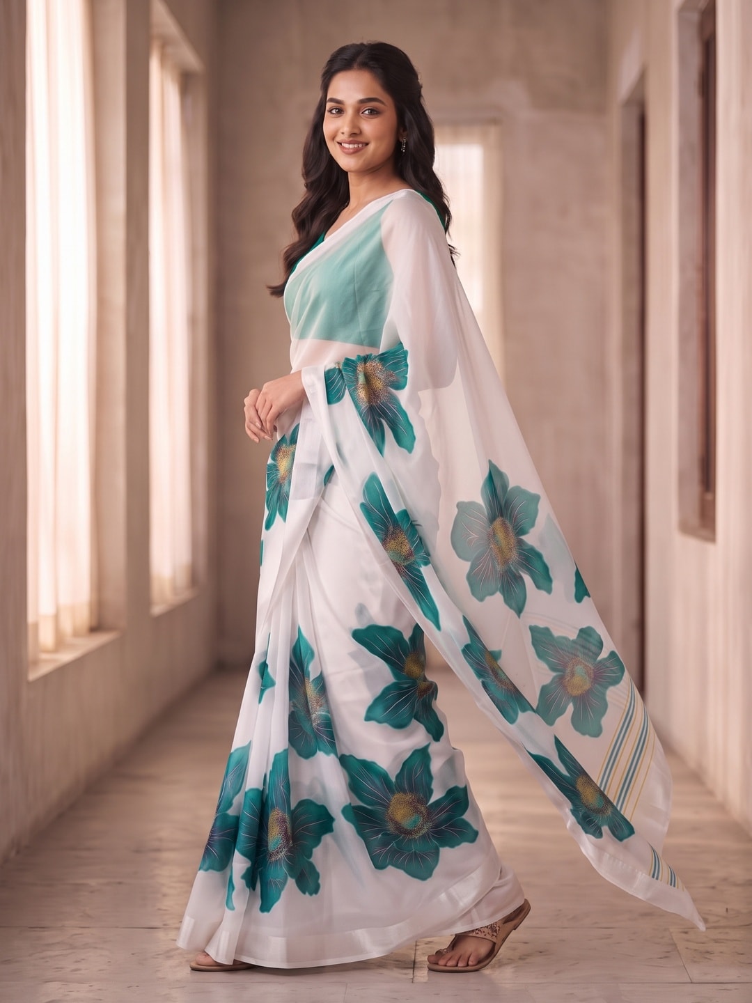 Peachmode White & Teal Fine Viscose Georgette Saree With Fancy Floral Foil Print And Pure Silk Handwork Blouse - Image 3