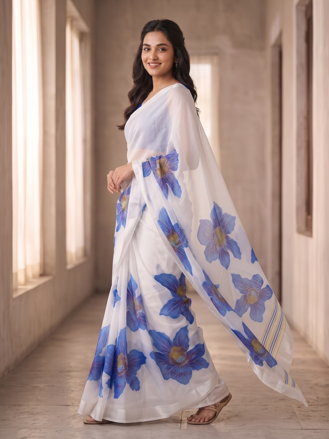Peachmode White & Royal Blue Fine Viscose Georgette Saree With Fancy Floral Foil Print And Pure Silk Handwork Blouse - Image 3
