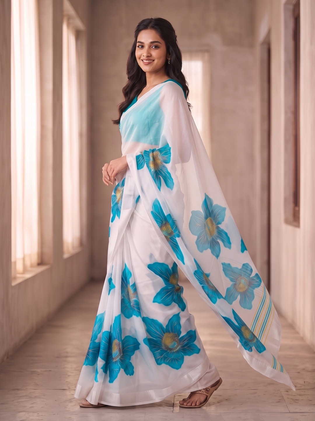 Peachmode White & Turquoise Fine Viscose Georgette Saree With Fancy Floral Foil Print And Pure Silk Handwork Blouse - Image 3