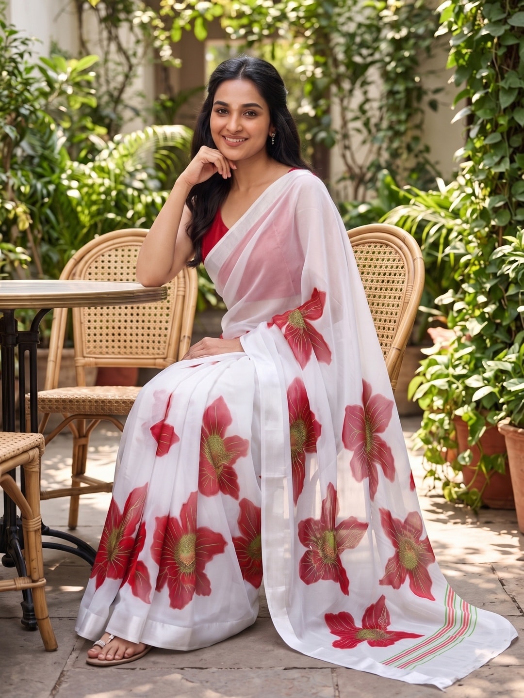 Peachmode White & Red Fine Viscose Georgette Saree With Fancy Floral Foil Print And Pure Silk Handwork Blouse - Image 4