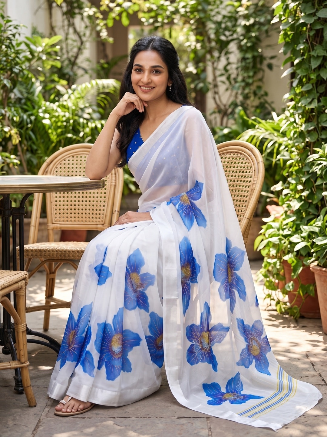 Peachmode White & Royal Blue Fine Viscose Georgette Saree With Fancy Floral Foil Print And Pure Silk Handwork Blouse - Image 4