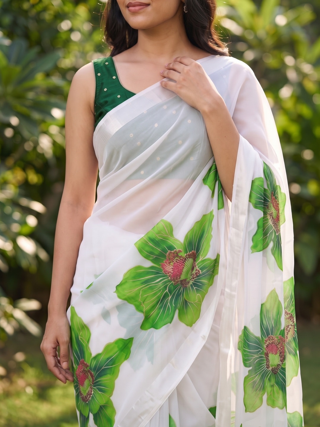 Peachmode White & Green Fine Viscose Georgette Saree With Fancy Floral Foil Print And Pure Silk Handwork Blouse - Image 5