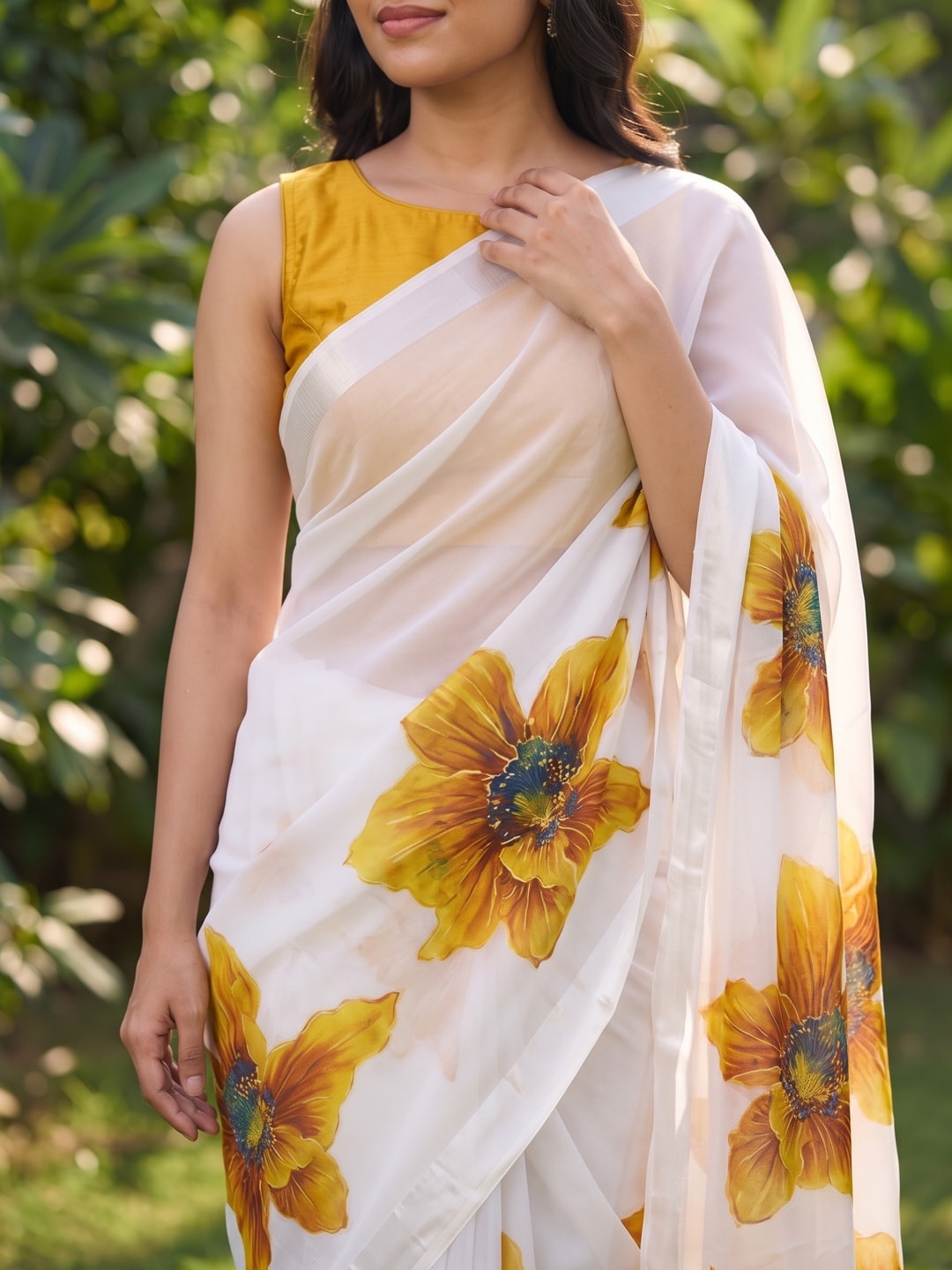 Peachmode White & Mustard Fine Viscose Georgette Saree With Fancy Floral Foil Print And Pure Silk Handwork Blouse - Image 5