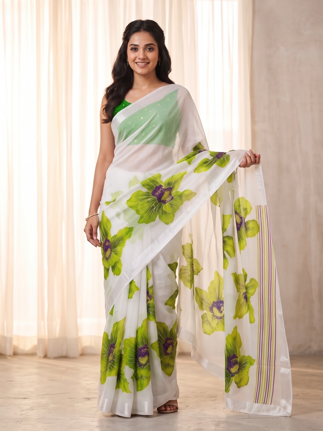 Peachmode White & Lime Green Fine Viscose Georgette Saree With Fancy Floral Foil Print And Pure Silk Handwork Blouse - Image 1