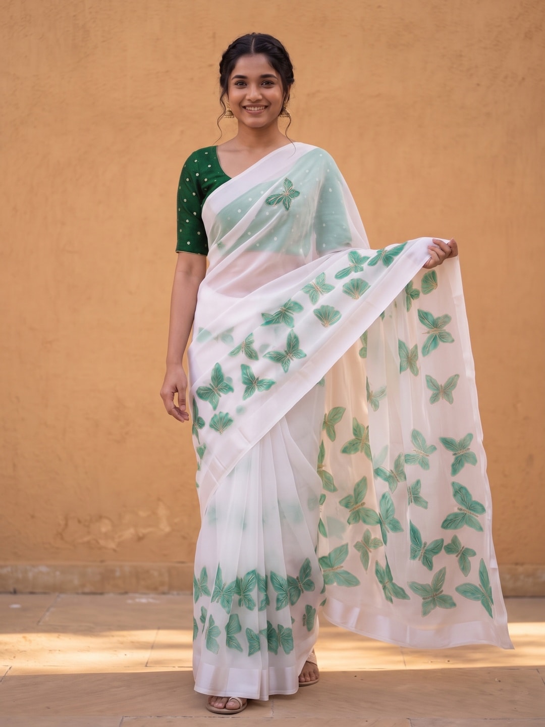 Peachmode White & Sea Green Fine Viscose Georgette Saree With Fancy Butterfly Foil Print And Pure Silk Handwork Blouse - Image 1