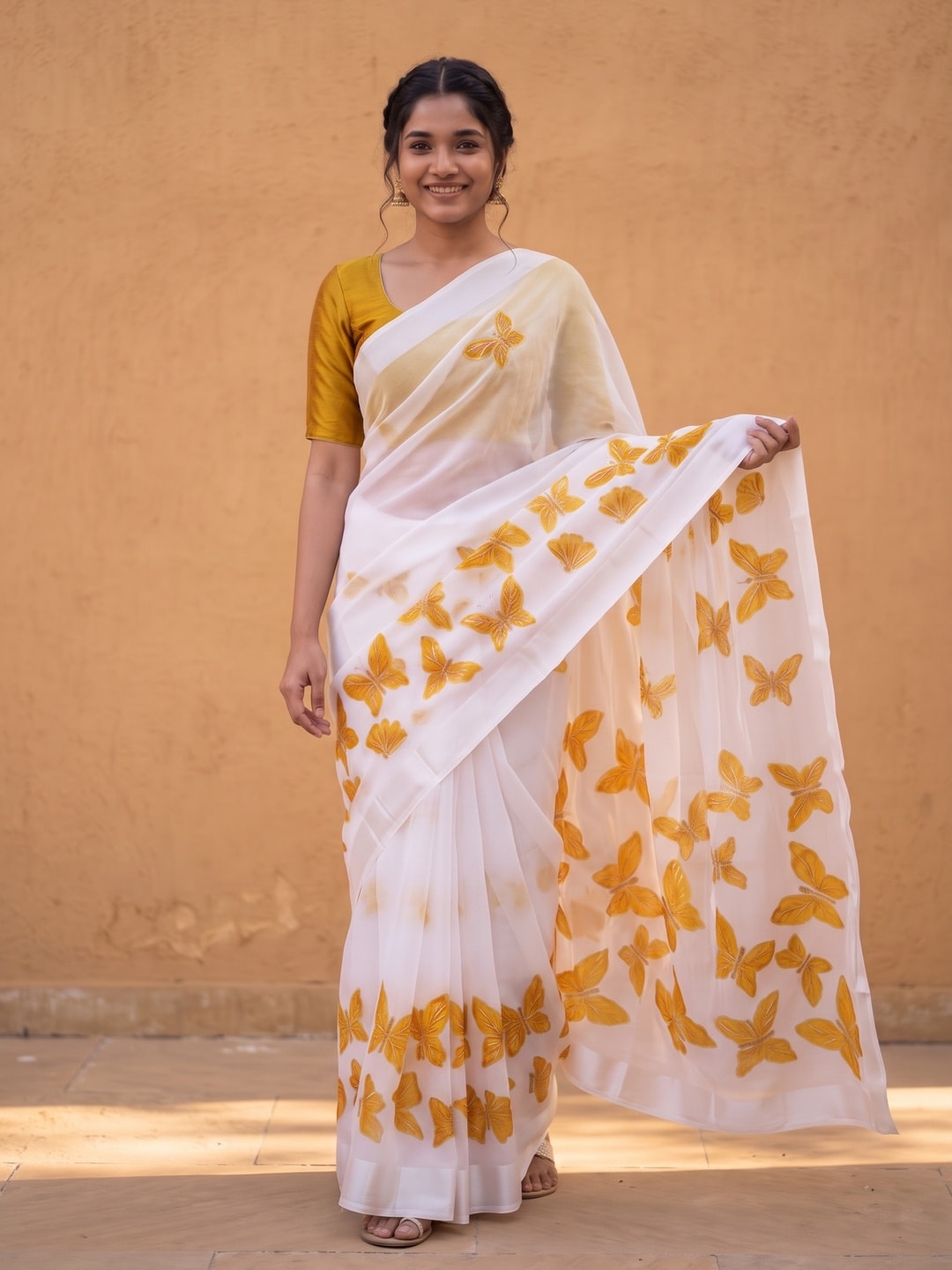 Peachmode White & Mustard Fine Viscose Georgette Saree With Fancy Butterfly Foil Print And Pure Silk Handwork Blouse - Image 1