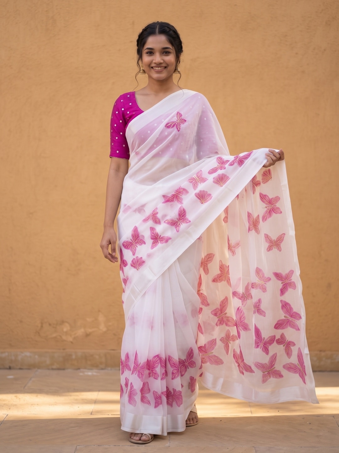 Peachmode White & Pink Fine Viscose Georgette Saree With Fancy Butterfly Foil Print And Pure Silk Handwork Blouse - Image 1
