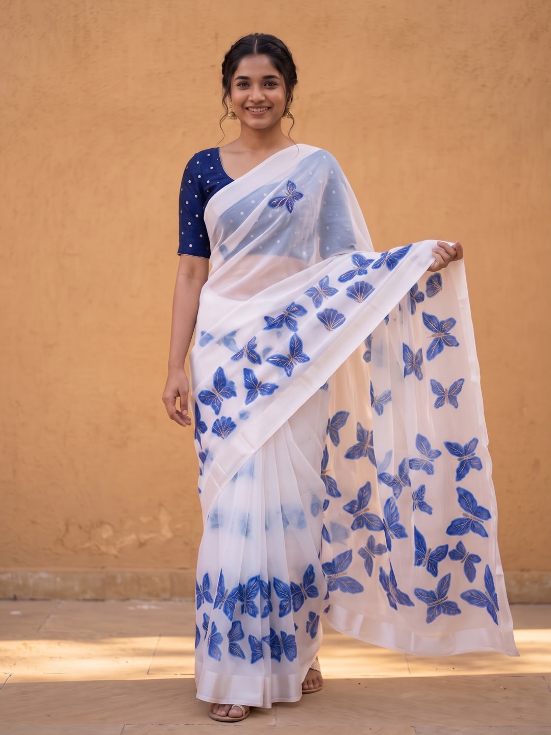 Peachmode White & Royal Blue Fine Viscose Georgette Saree With Fancy Butterfly Foil Print And Pure Silk Handwork Blouse - Image 1
