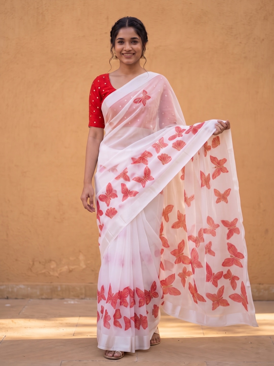 Peachmode White & Coral Fine Viscose Georgette Saree With Fancy Butterfly Foil Print And Pure Silk Handwork Blouse - Image 1