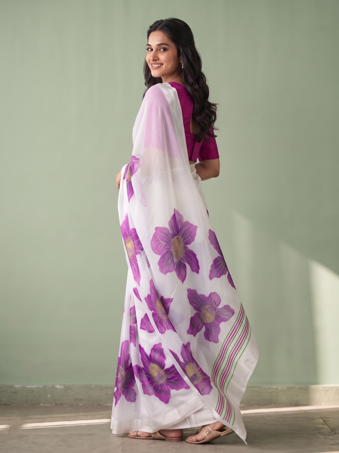 Peachmode White & Purple Fine Viscose Georgette Saree With Fancy Floral Foil Print And Pure Silk Handwork Blouse - Image 2