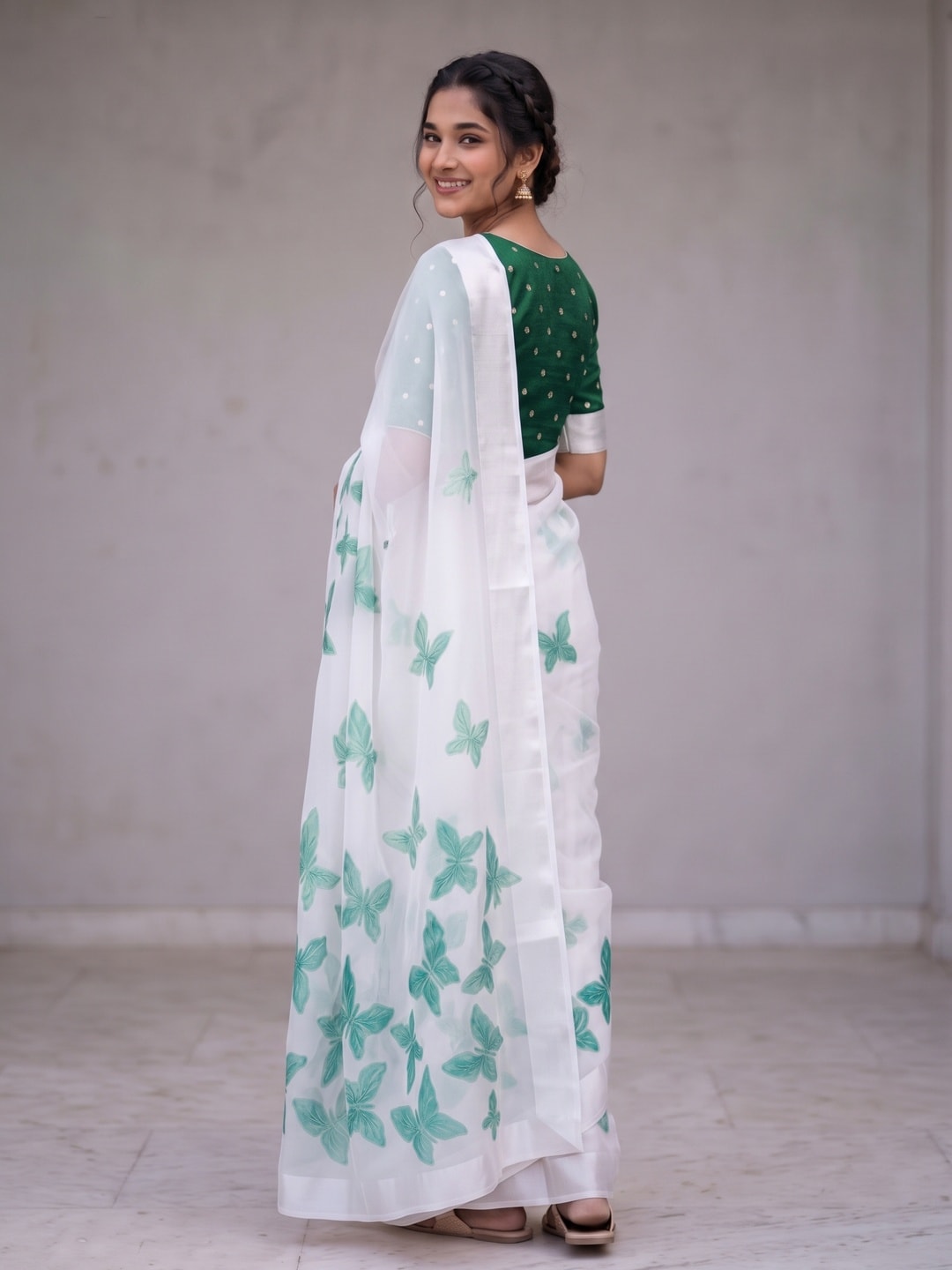 Peachmode White & Sea Green Fine Viscose Georgette Saree With Fancy Butterfly Foil Print And Pure Silk Handwork Blouse - Image 2