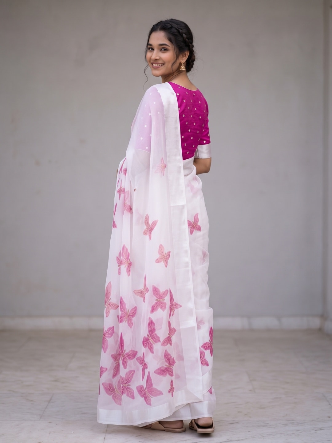 Peachmode White & Pink Fine Viscose Georgette Saree With Fancy Butterfly Foil Print And Pure Silk Handwork Blouse - Image 2