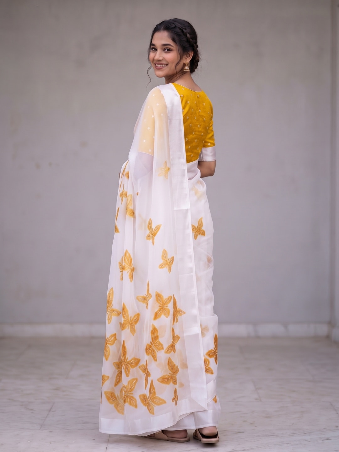 Peachmode White & Mustard Fine Viscose Georgette Saree With Fancy Butterfly Foil Print And Pure Silk Handwork Blouse - Image 2