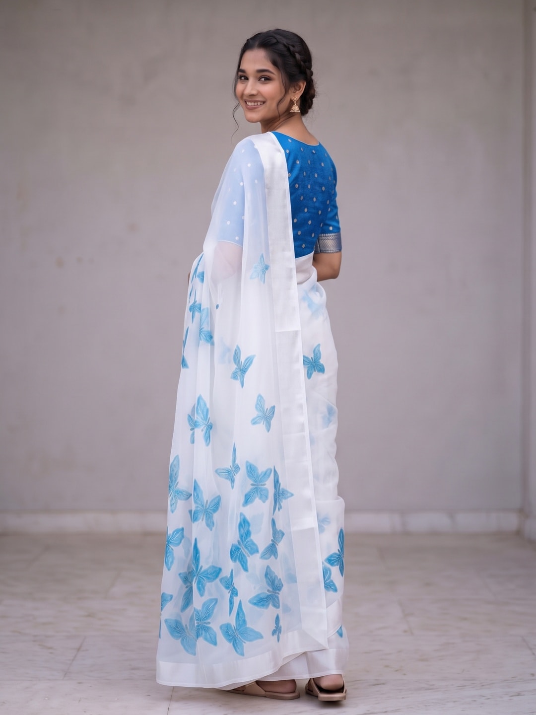 Peachmode White & Sky Blue Fine Viscose Georgette Saree With Fancy Butterfly Foil Print And Pure Silk Handwork Blouse - Image 2