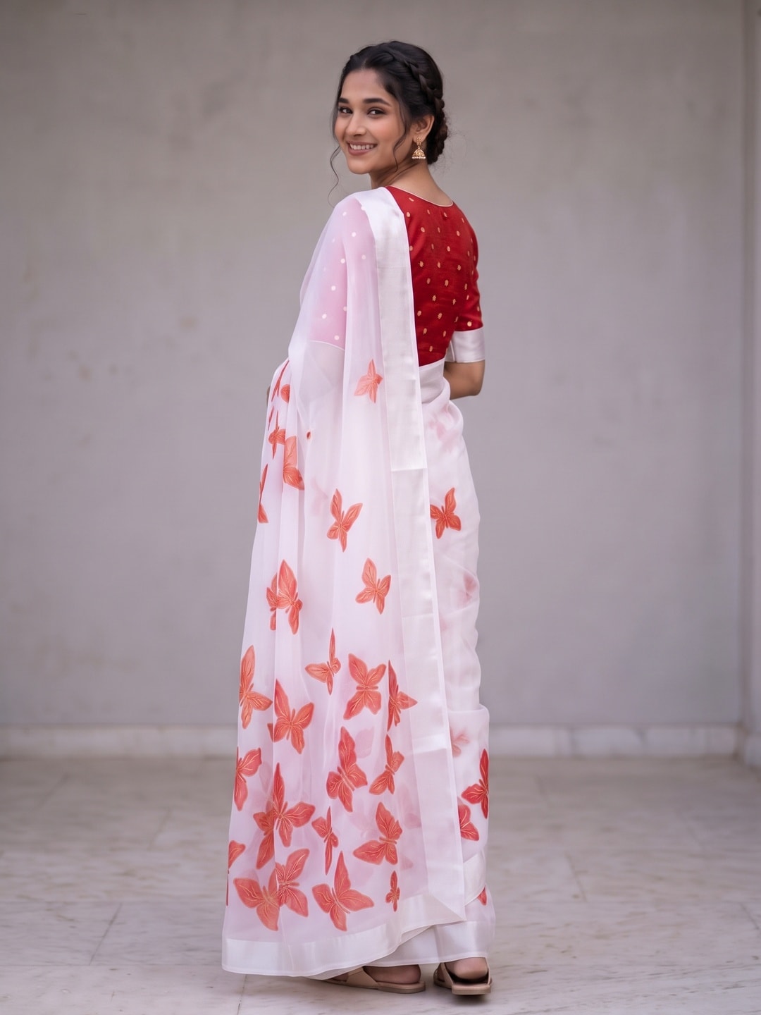 Peachmode White & Coral Fine Viscose Georgette Saree With Fancy Butterfly Foil Print And Pure Silk Handwork Blouse - Image 2