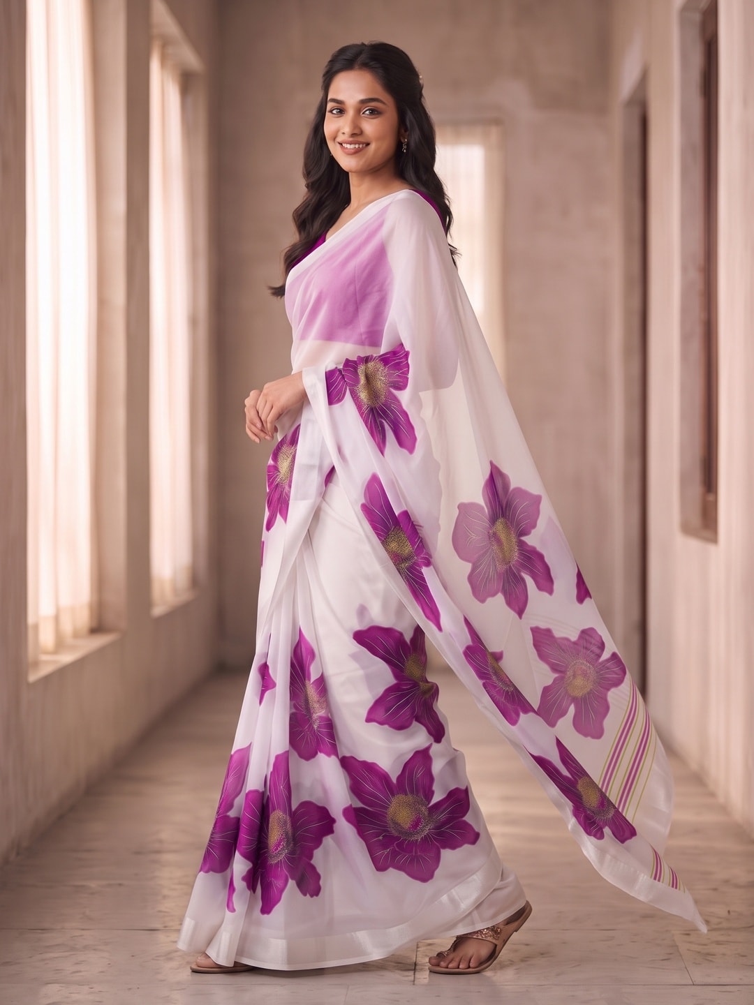Peachmode White & Purple Fine Viscose Georgette Saree With Fancy Floral Foil Print And Pure Silk Handwork Blouse - Image 3