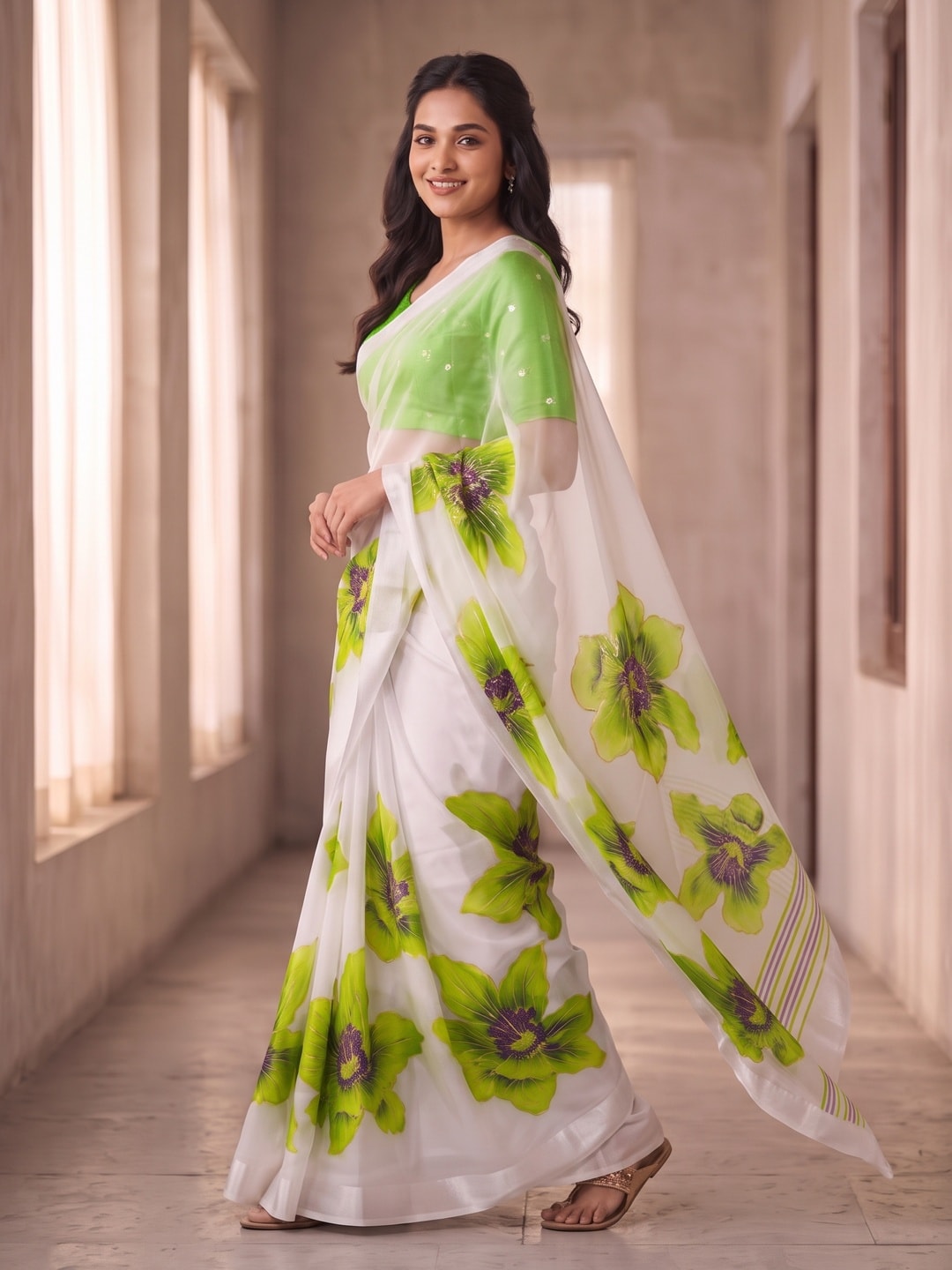 Peachmode White & Lime Green Fine Viscose Georgette Saree With Fancy Floral Foil Print And Pure Silk Handwork Blouse - Image 3