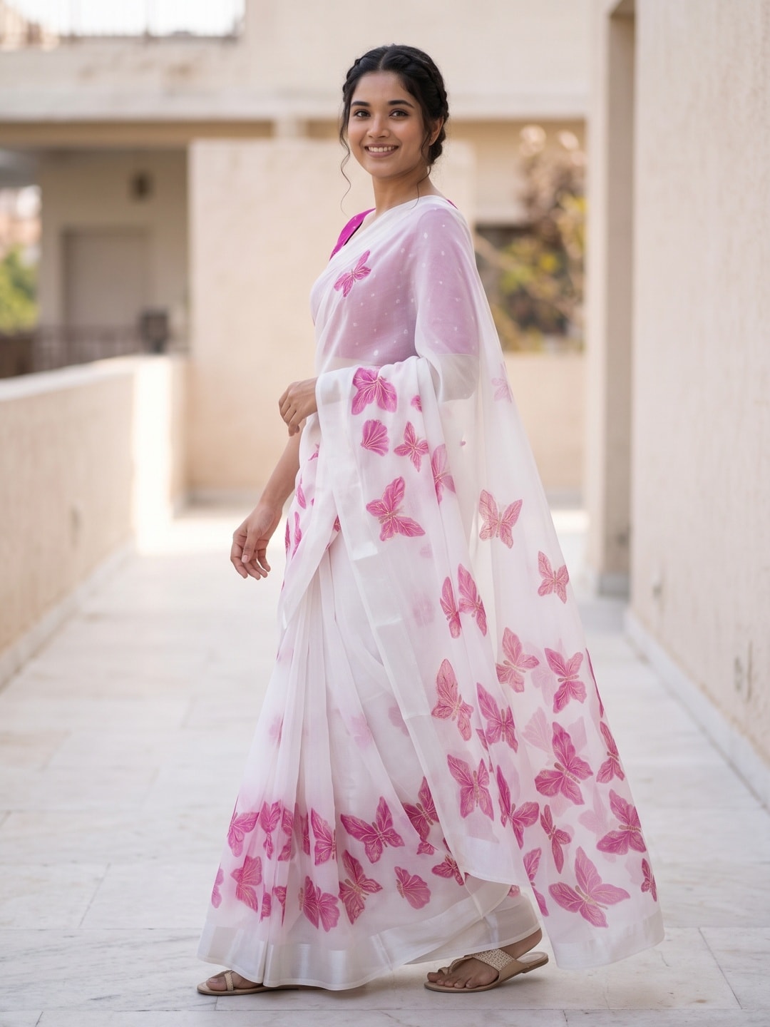 Peachmode White & Pink Fine Viscose Georgette Saree With Fancy Butterfly Foil Print And Pure Silk Handwork Blouse - Image 3