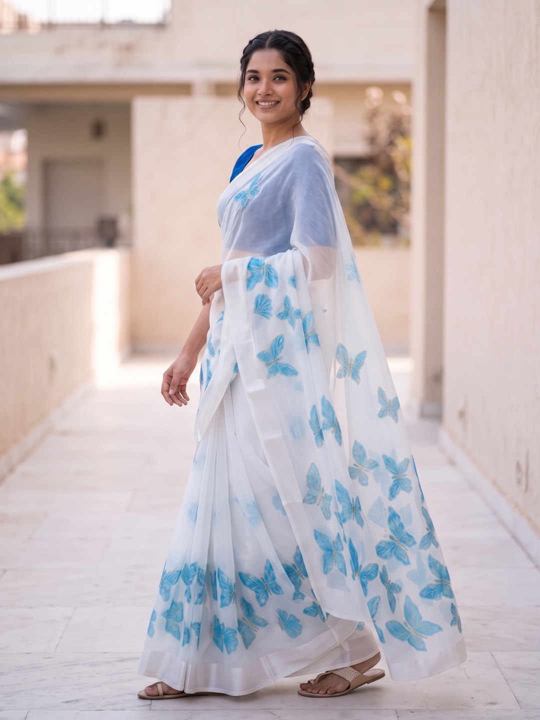 Peachmode White & Sky Blue Fine Viscose Georgette Saree With Fancy Butterfly Foil Print And Pure Silk Handwork Blouse - Image 3