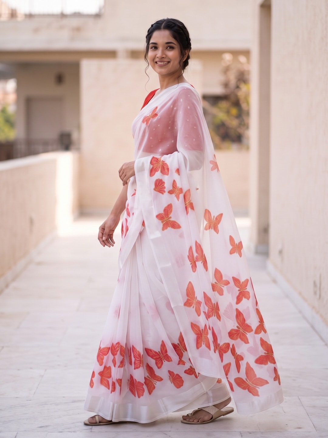 Peachmode White & Coral Fine Viscose Georgette Saree With Fancy Butterfly Foil Print And Pure Silk Handwork Blouse - Image 3