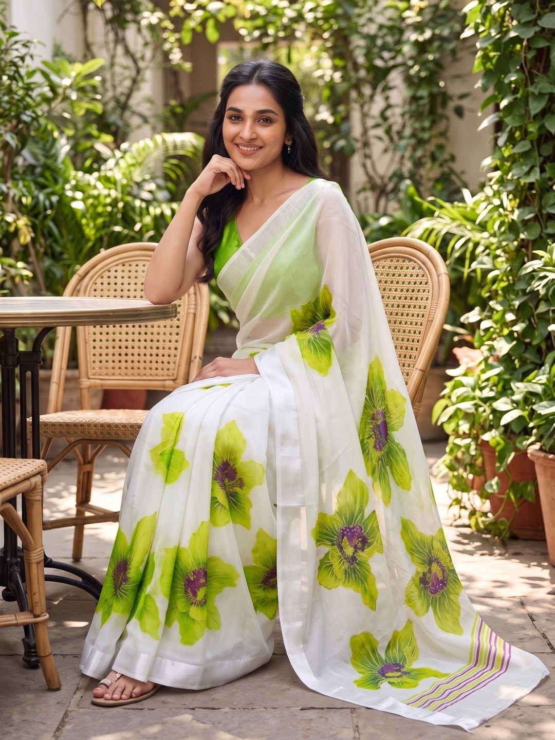 Peachmode White & Lime Green Fine Viscose Georgette Saree With Fancy Floral Foil Print And Pure Silk Handwork Blouse - Image 4