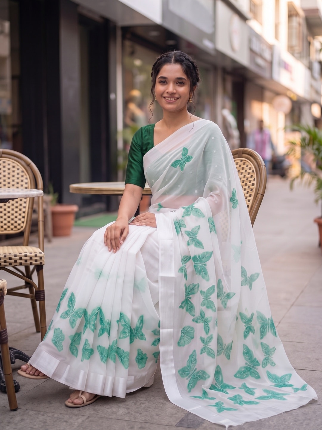 Peachmode White & Sea Green Fine Viscose Georgette Saree With Fancy Butterfly Foil Print And Pure Silk Handwork Blouse - Image 4