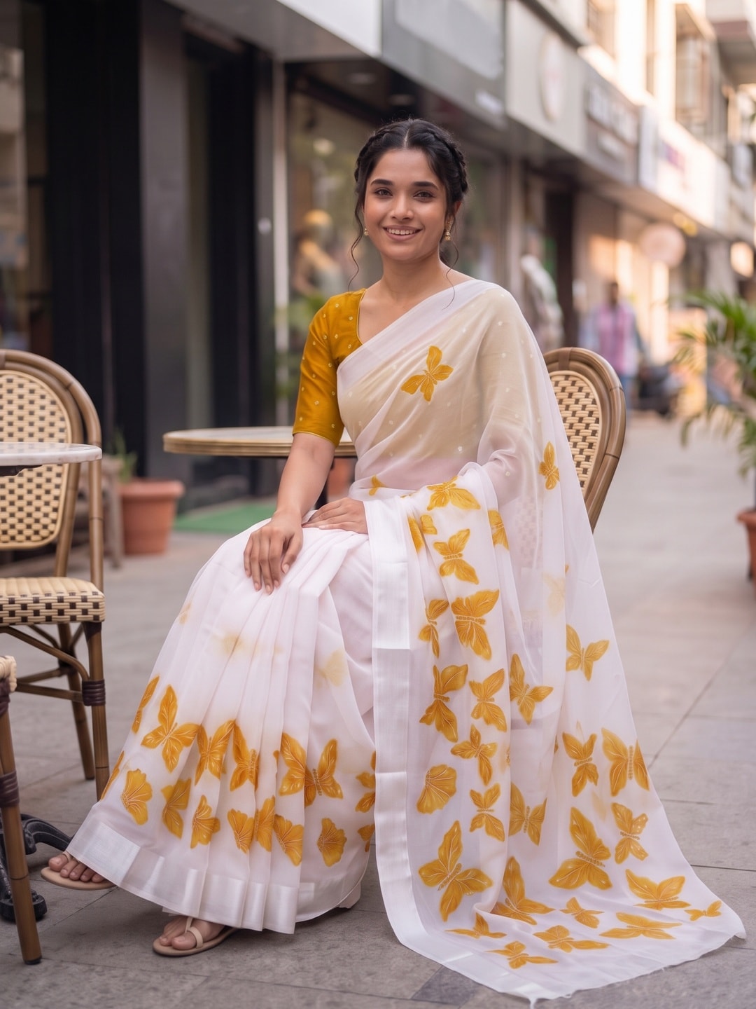 Peachmode White & Mustard Fine Viscose Georgette Saree With Fancy Butterfly Foil Print And Pure Silk Handwork Blouse - Image 4