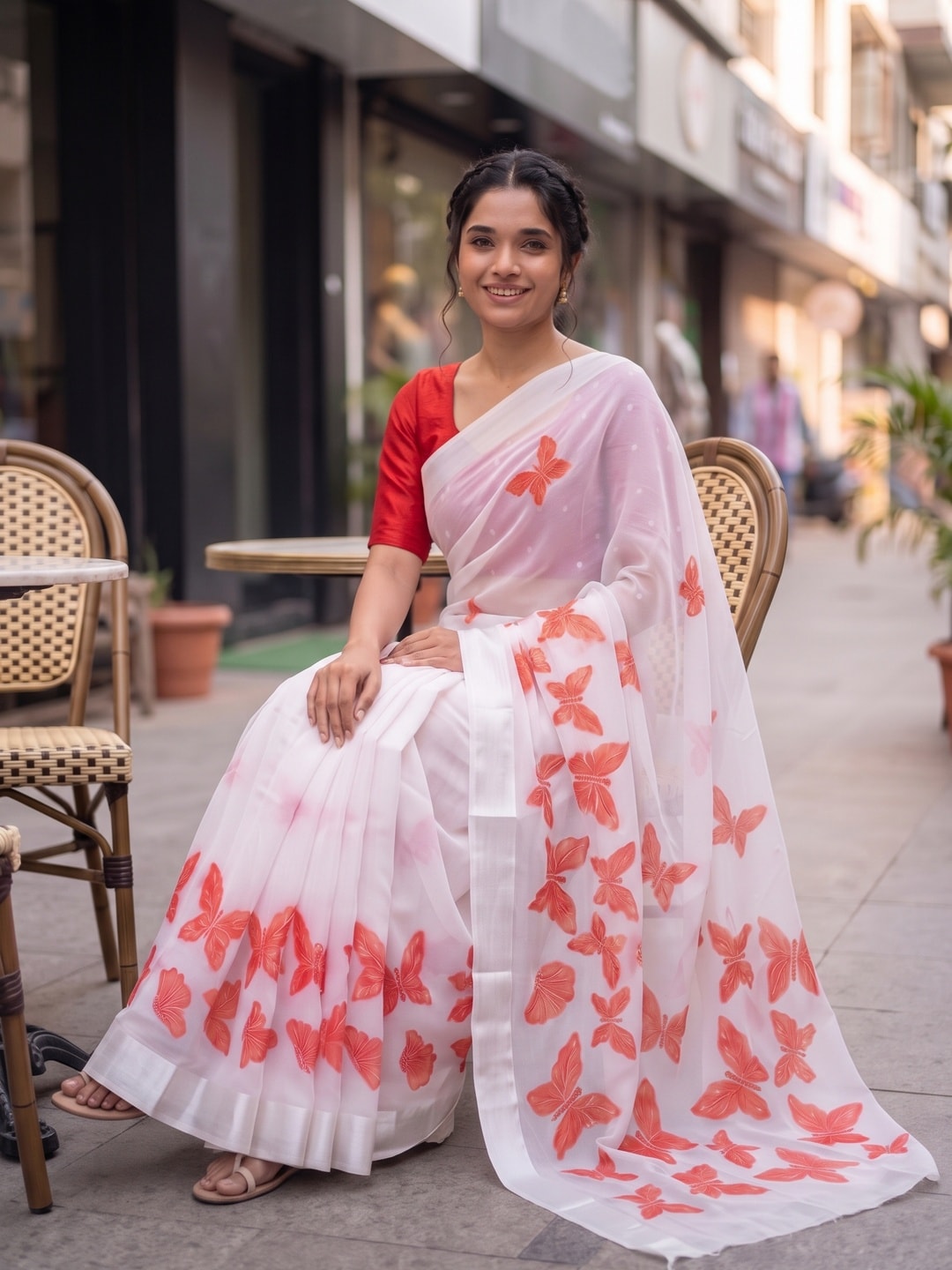 Peachmode White & Coral Fine Viscose Georgette Saree With Fancy Butterfly Foil Print And Pure Silk Handwork Blouse - Image 4