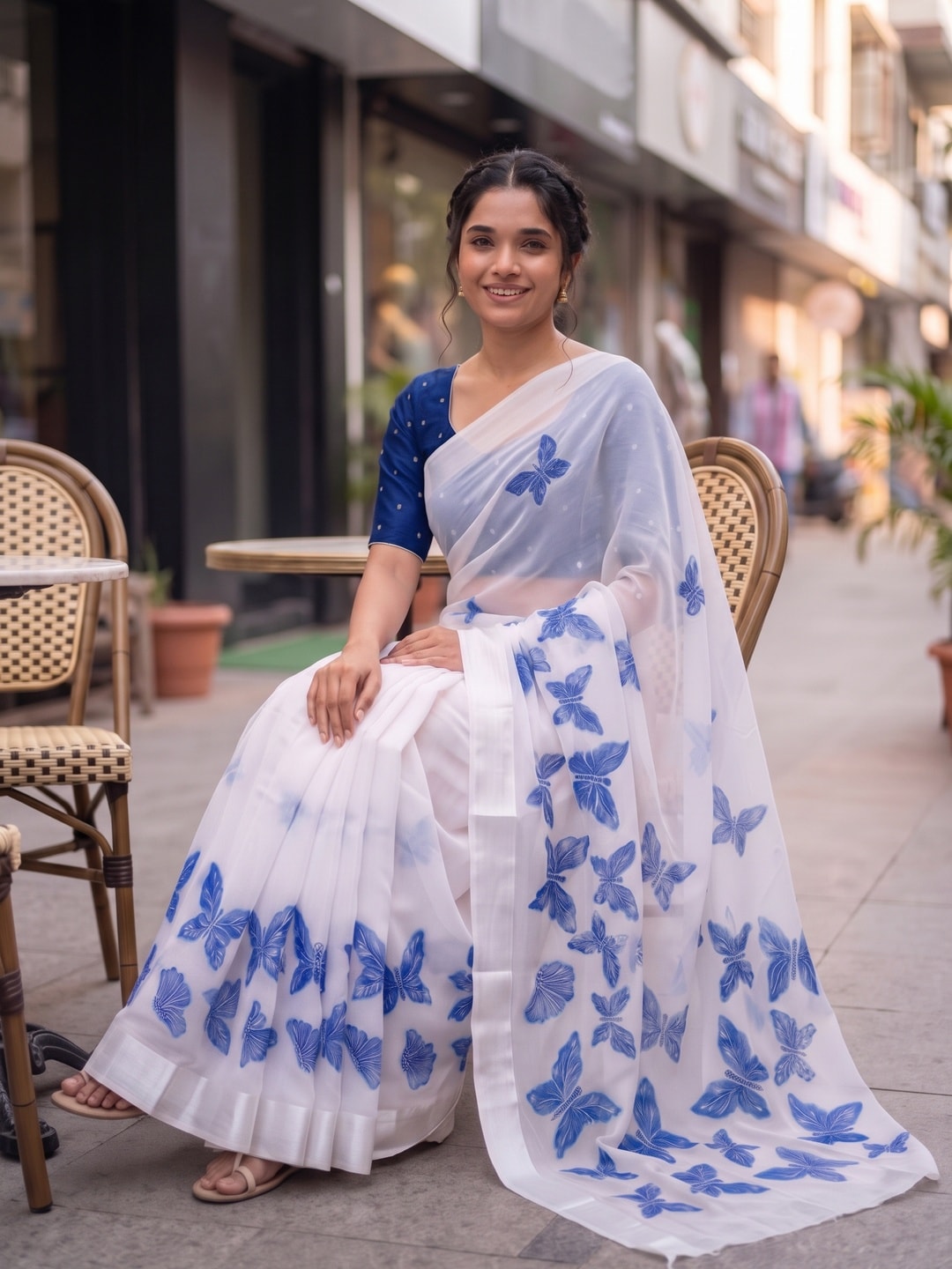 Peachmode White & Royal Blue Fine Viscose Georgette Saree With Fancy Butterfly Foil Print And Pure Silk Handwork Blouse - Image 4