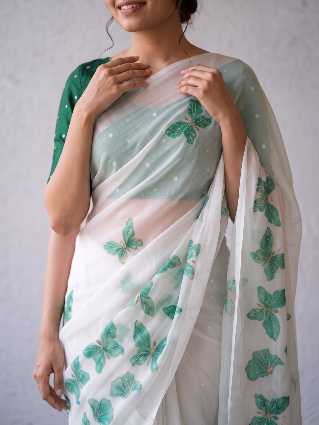 Peachmode White & Sea Green Fine Viscose Georgette Saree With Fancy Butterfly Foil Print And Pure Silk Handwork Blouse - Image 5