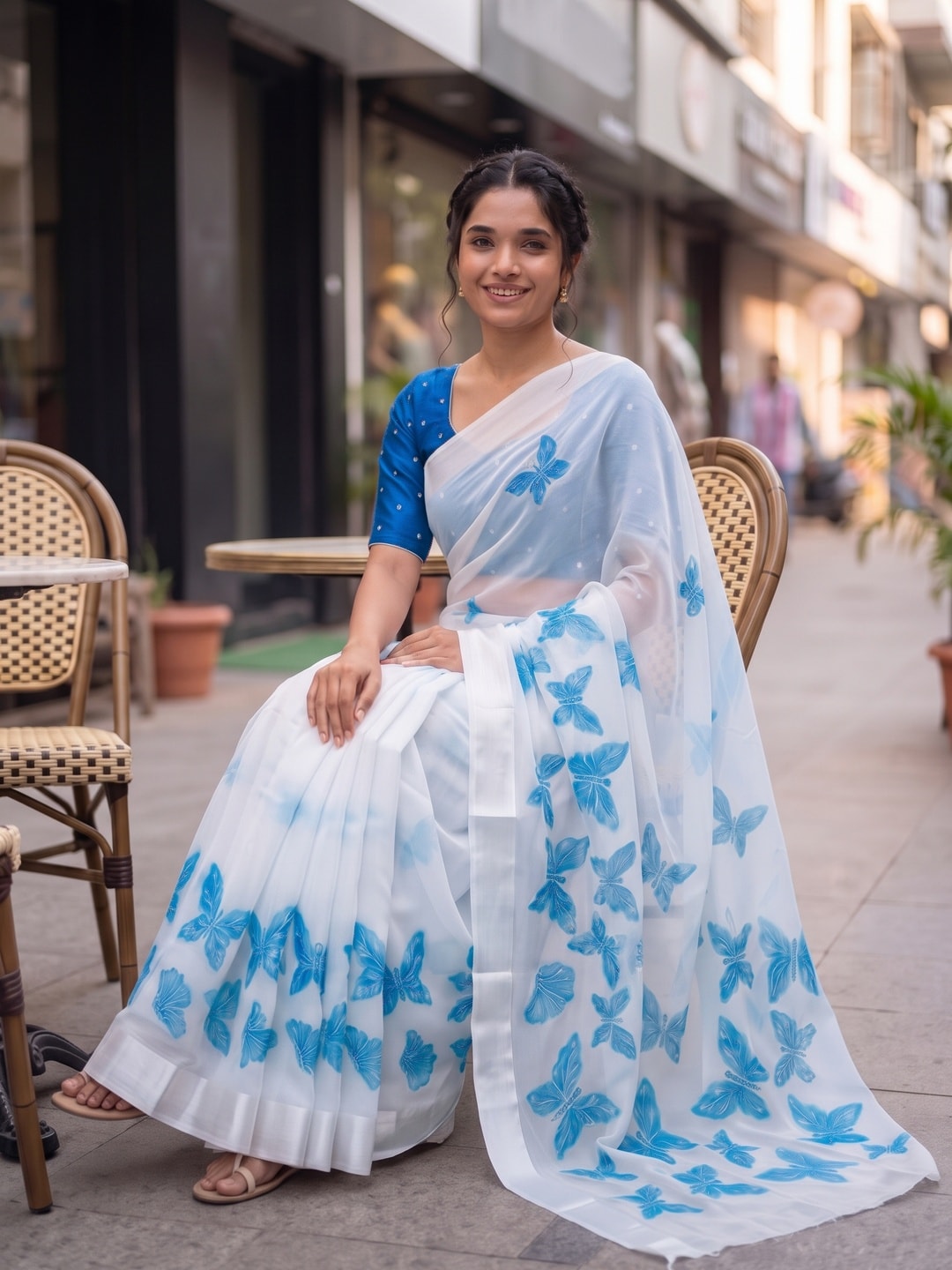 Peachmode White & Sky Blue Fine Viscose Georgette Saree With Fancy Butterfly Foil Print And Pure Silk Handwork Blouse - Image 4