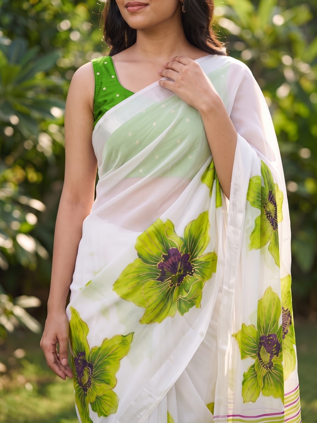 Peachmode White & Lime Green Fine Viscose Georgette Saree With Fancy Floral Foil Print And Pure Silk Handwork Blouse - Image 5
