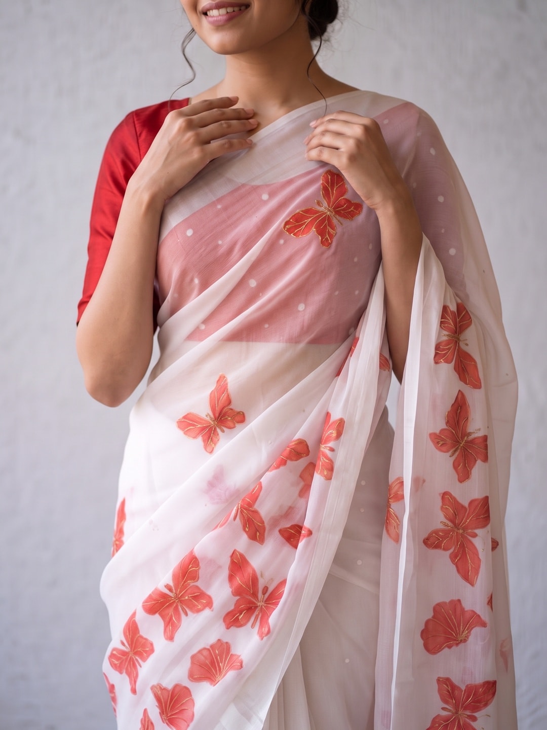 Peachmode White & Coral Fine Viscose Georgette Saree With Fancy Butterfly Foil Print And Pure Silk Handwork Blouse - Image 5
