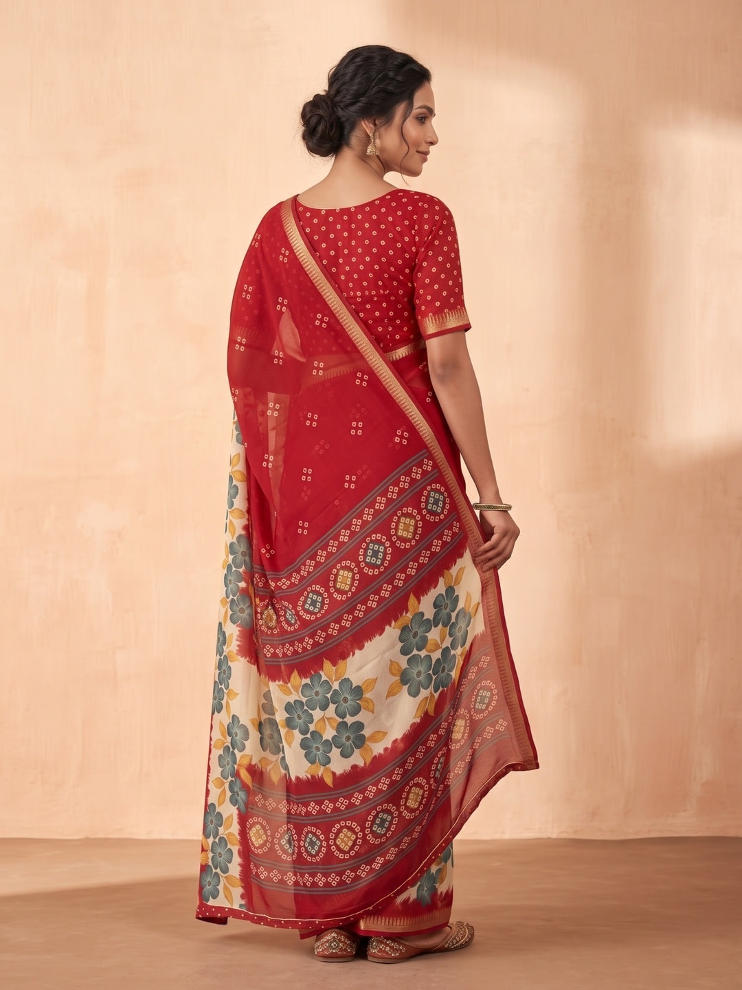 Peachmode Red Moss Georgette Saree With Burj Khalifa Zari Border And Floral Bandhani Print - Image 2