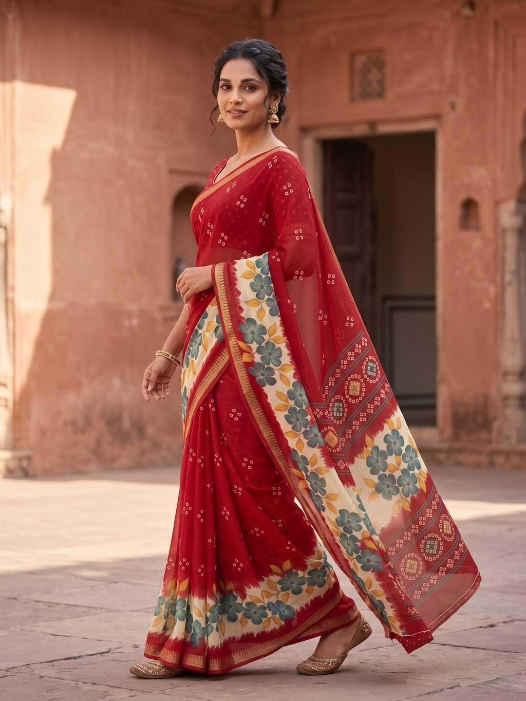 Peachmode Red Moss Georgette Saree With Burj Khalifa Zari Border And Floral Bandhani Print - Image 3