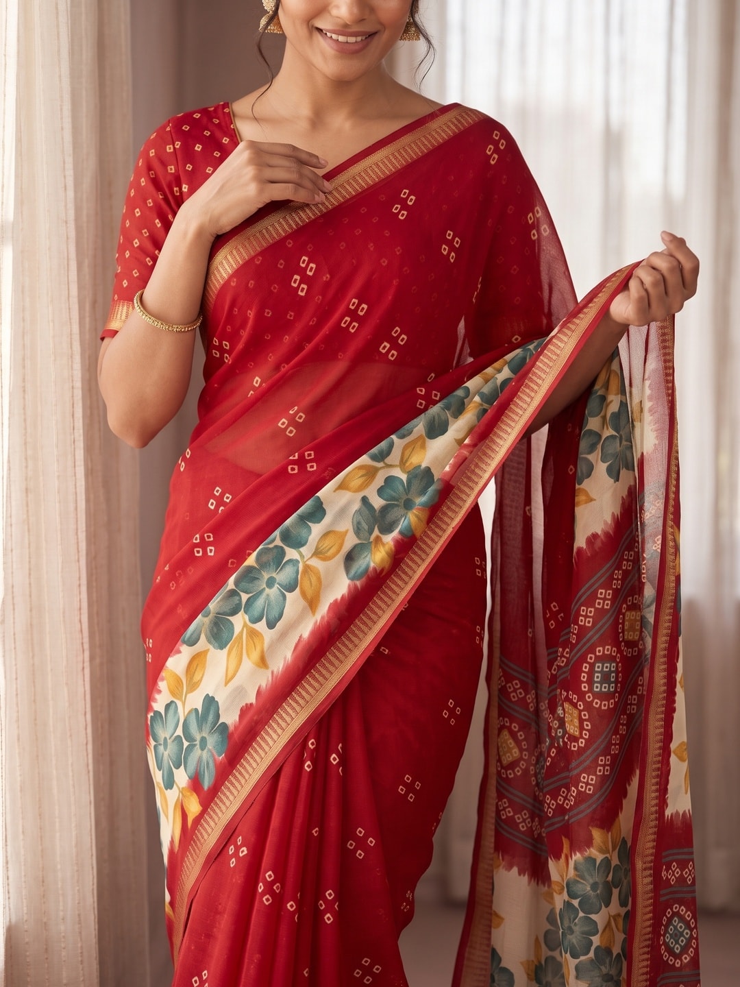 Peachmode Red Moss Georgette Saree With Burj Khalifa Zari Border And Floral Bandhani Print - Image 5