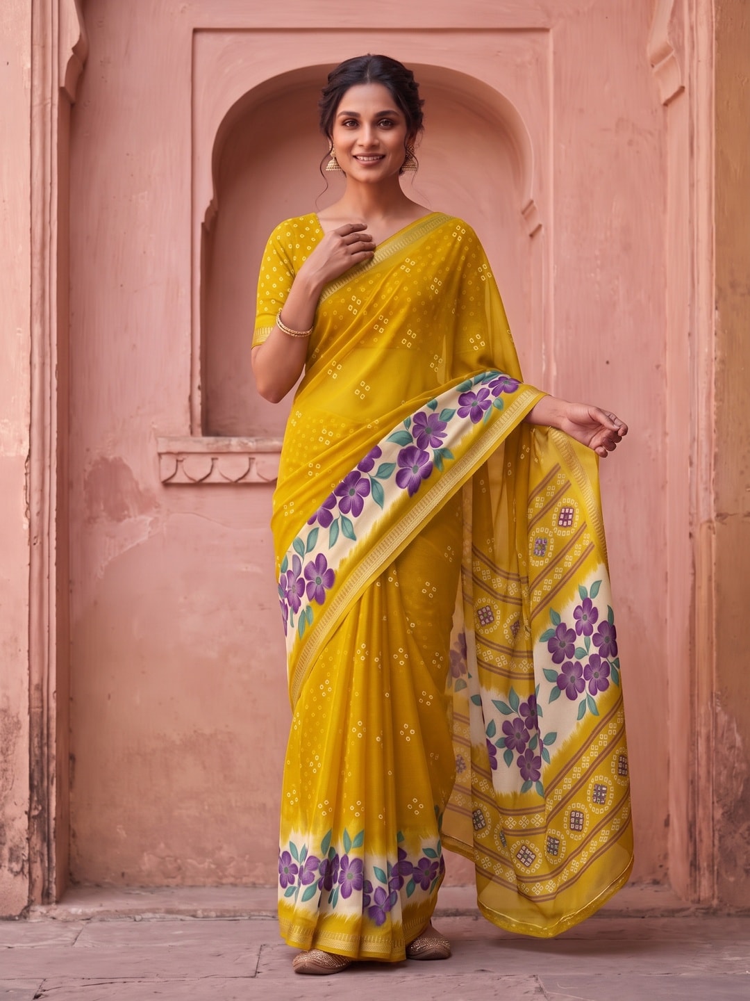 Peachmode Yellow Moss Georgette Saree With Burj Khalifa Zari Border And Floral Bandhani Print - Image 1