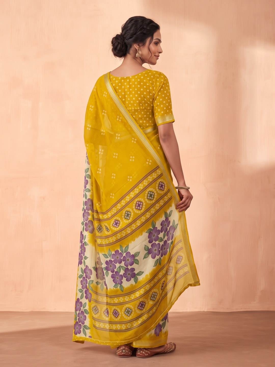 Peachmode Yellow Moss Georgette Saree With Burj Khalifa Zari Border And Floral Bandhani Print - Image 2